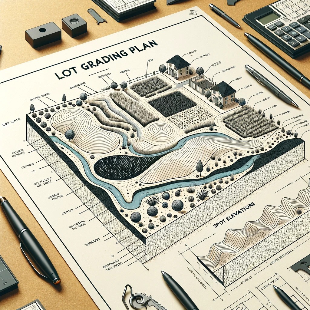 showcasing the technical aspects of a lot grading plan with contour lines, berms, and swales