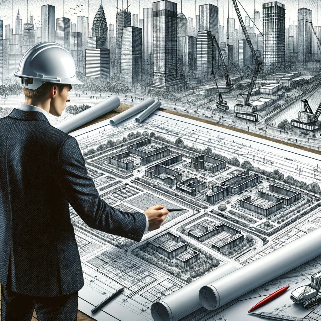 Engineer in hard hat scrutinizing a large site plan at a GTA construction site, with urban skyline in the background