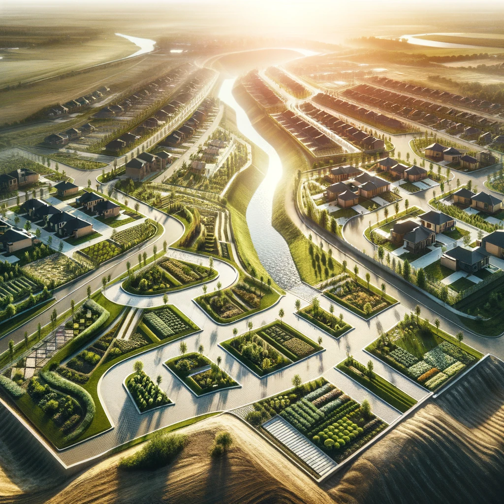 Aerial perspective of a residential area demonstrating effective lot grading plan with landscaped gardens and drainage.