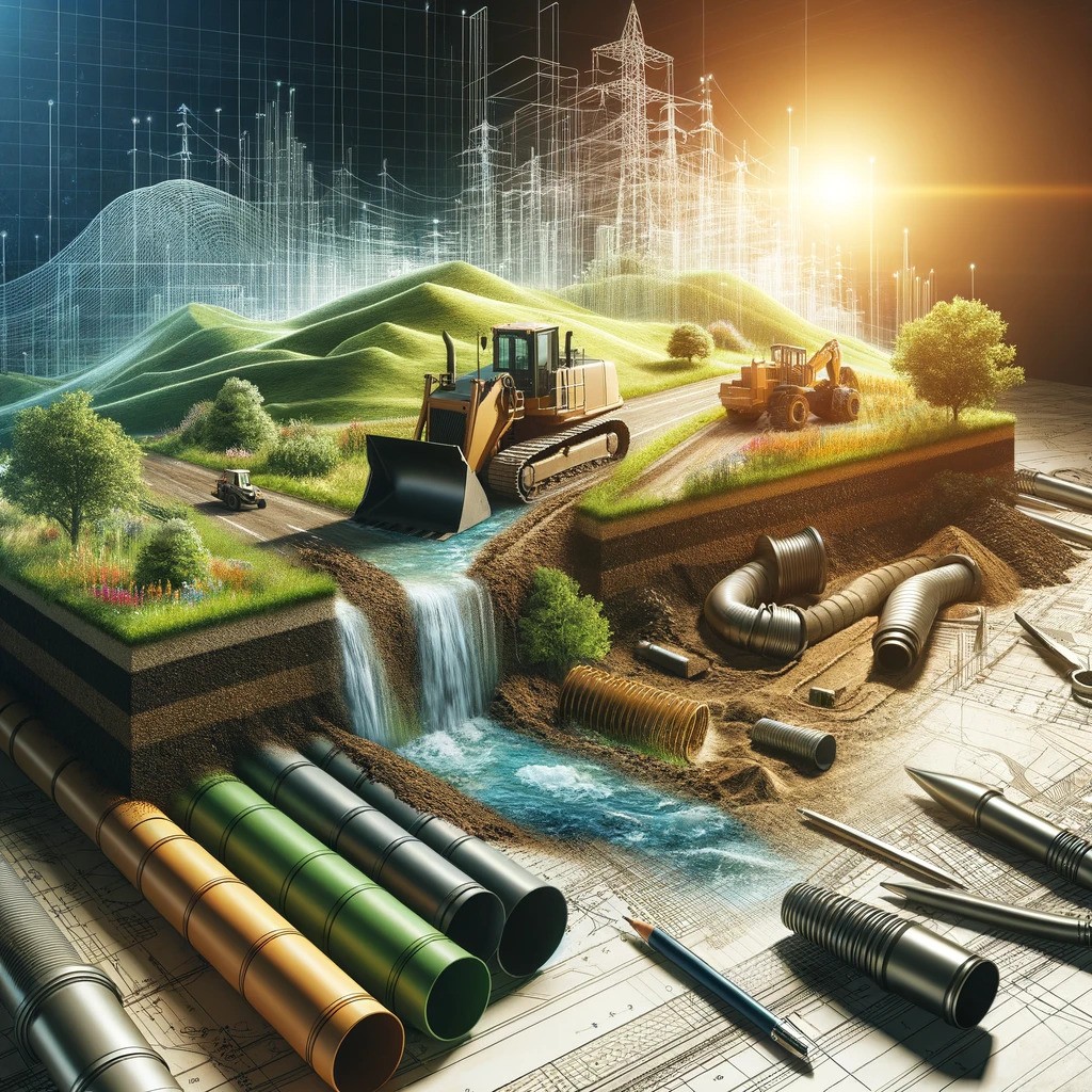 Conceptual representation of site grading plans showcasing topography, earthwork, and drainage systems, emphasizing the synergy between nature and construction for sustainable land development