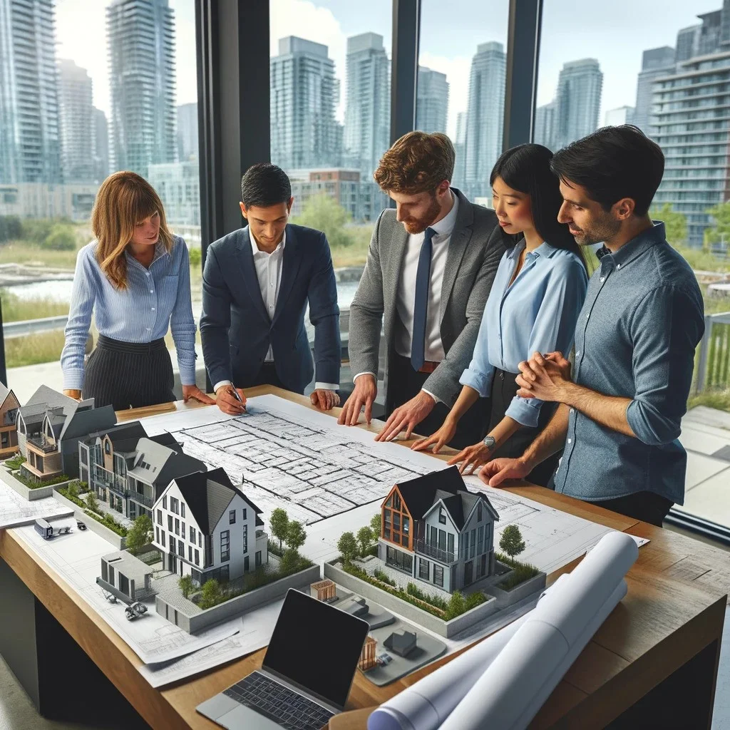 Diverse team of engineers collaborating on grading and drainage plans in a modern Toronto office, with cityscape views and detailed project blueprints