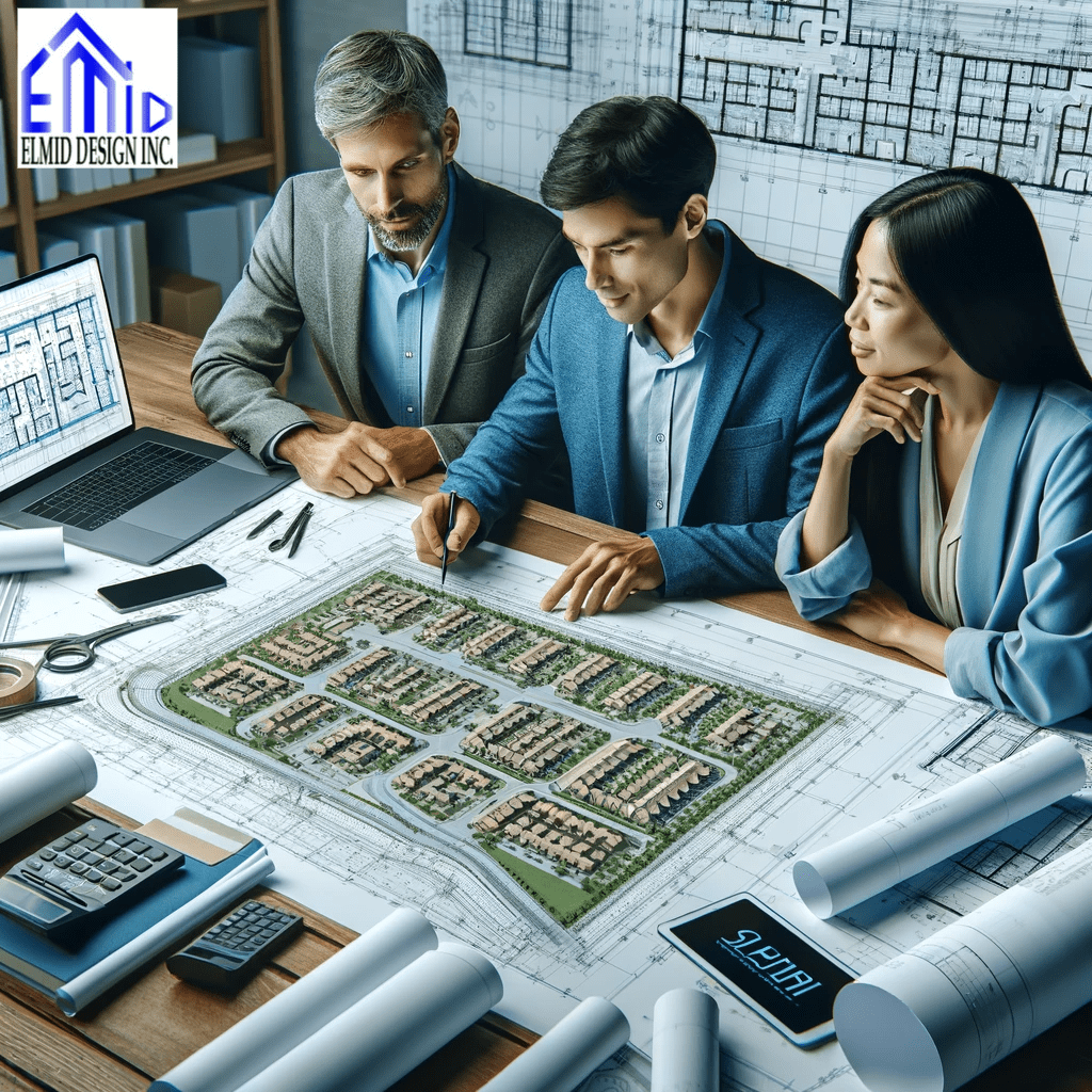 A diverse engineering team, including a Caucasian man, Hispanic woman, and Asian man, discussing a detailed grading plan for a subdivision. In the background is a detailed plan of a subdivision, and the text 'Elmid Design Inc'