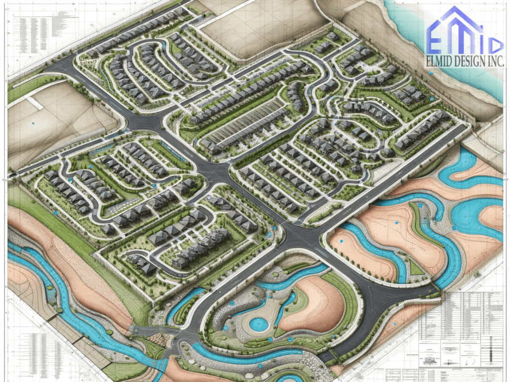Color-coded grading and drainage plan for a residential neighborhood, highlighting topography, water flow directions, and land use distribution