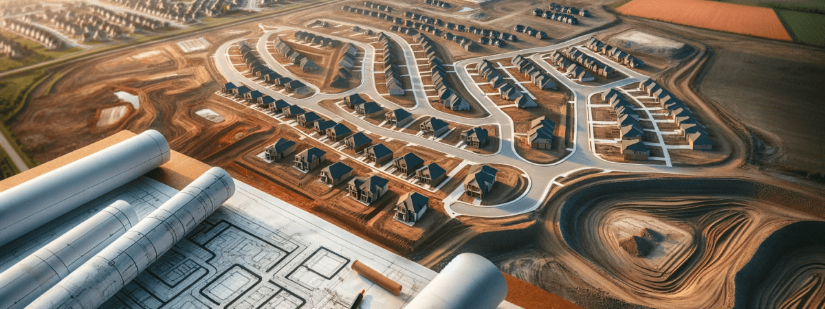 Land development illustration of a planned neighbourhood site, roads and engineering drawings