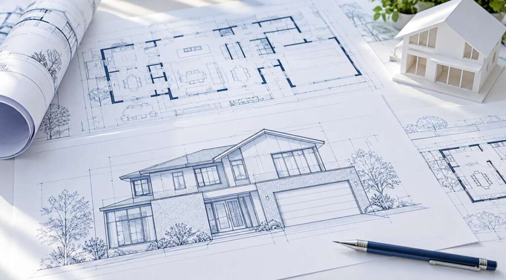 Conceptual illustration of building permit drawings and a house design.
