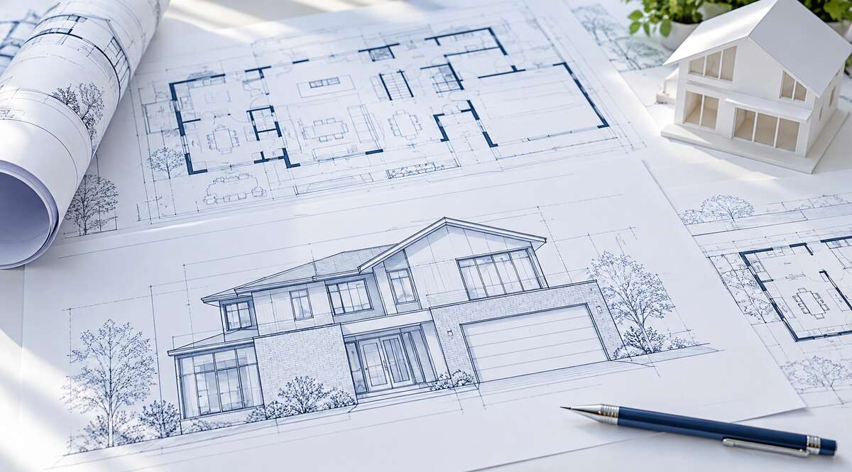 Conceptual illustration of building permit drawings and a house design.