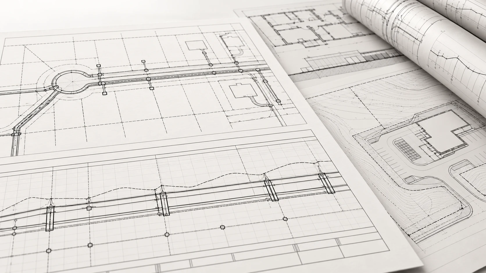 Conceptual road and service plan above a longitudinal profile, with building drawings and rolled engineering plans.
