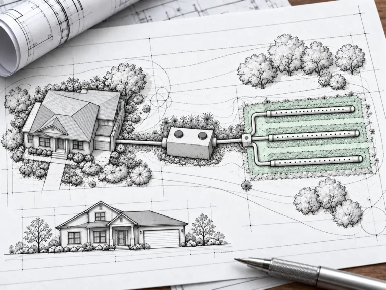 Illustrative septic design concept showing a house connected to a septic tank and leaching bed on a site-plan drawing.