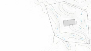 Generic site grading illustration with contour lines, a building footprint and blue drainage arrows on a light background.