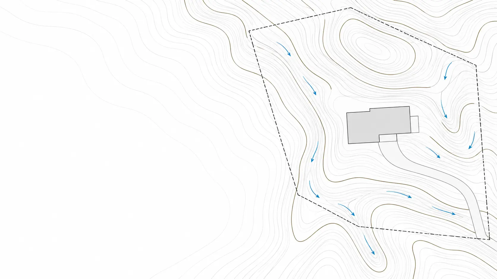 Illustrative grading design reference with contour lines, a building footprint and blue drainage arrows.