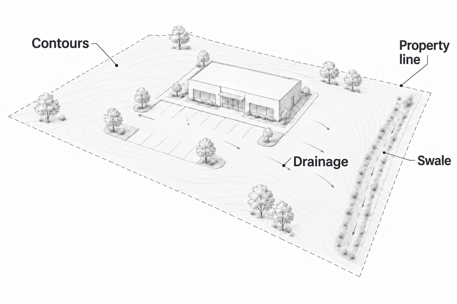 Conceptual grading illustration showing contours, a property line, drainage arrows and a landscaped swale. Not an actual project or site-specific engineering drawing.