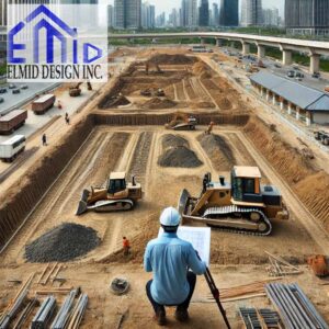 A commercial subdivision with bulldozers and excavators performing grading work, ensuring proper land leveling, drainage, and infrastructure development.