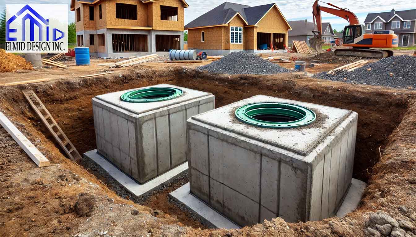 Concrete septic tanks with green access lids partially buried at a residential construction site in Ontario.