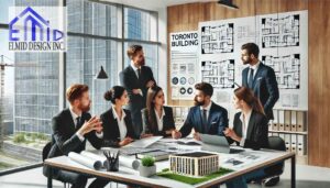 Elmid Design Inc. Team handing client approved Toronto building permit documents symbolizing fast approval.