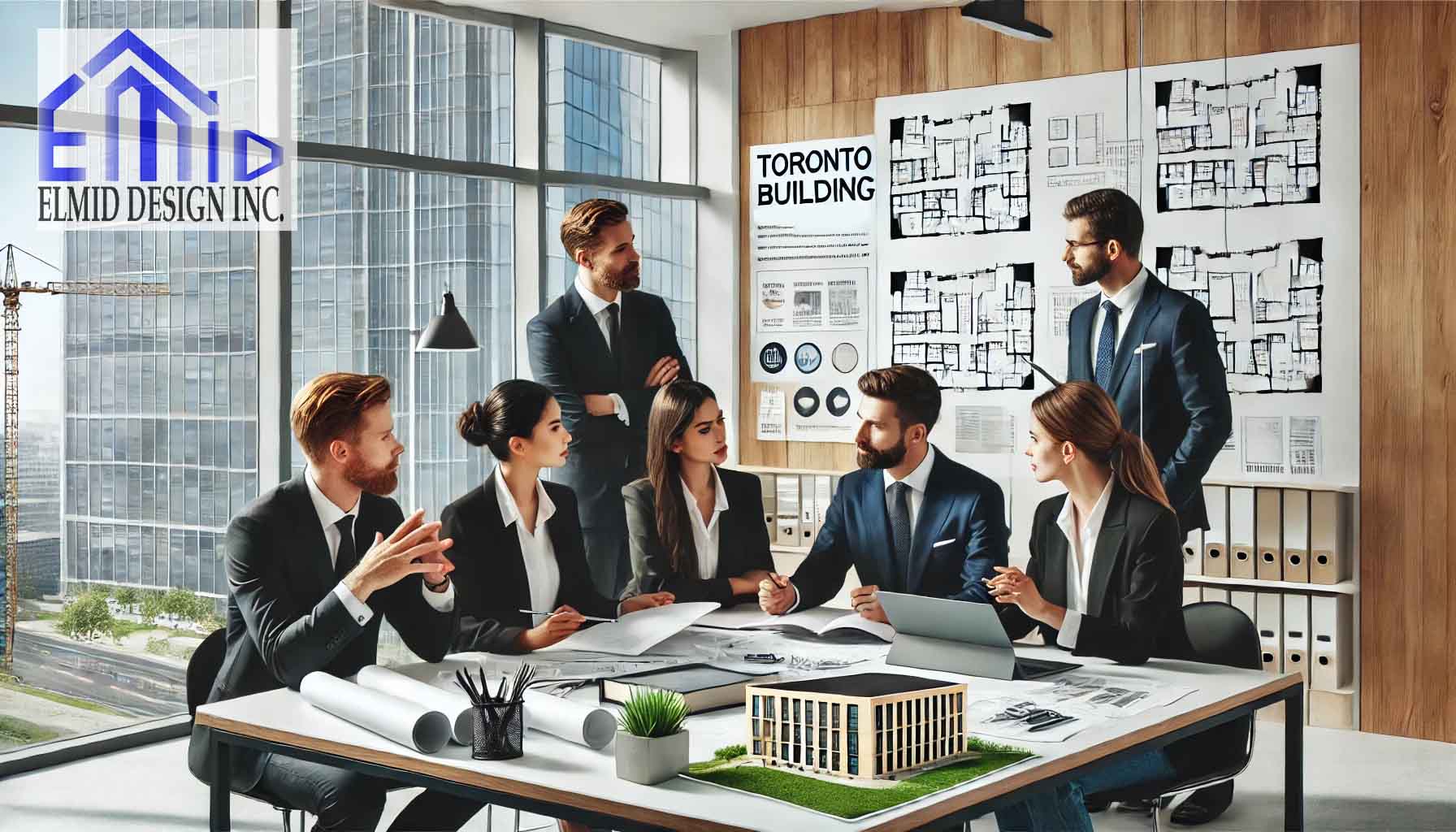 Elmid Design Inc. Team handing client approved Toronto building permit documents symbolizing fast approval.