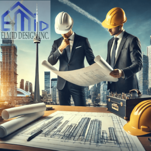 An architect and engineer reviewing blueprints inside a Toronto construction office, planning the building permit application process