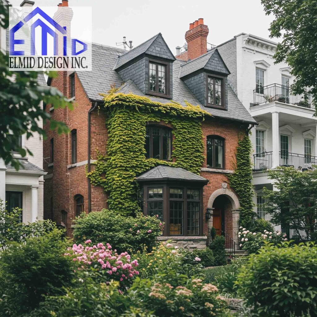 Classic Toronto brick house with ivy-covered facade and bay windows, ideal example of residential architecture for building permit services.