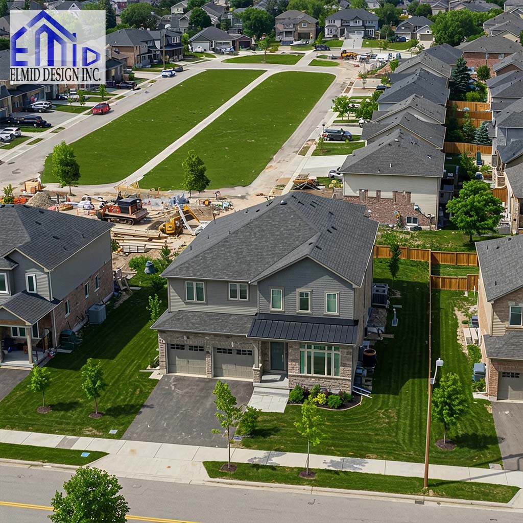 Aerial view of a residential neighborhood in Markham Ontario showing new home construction and grading work in progress.