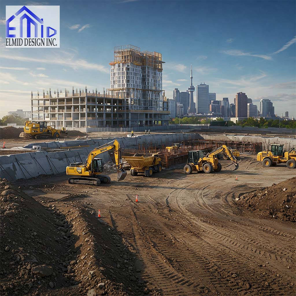 Urban construction site in Markham Ontario showing heavy equipment and grading work for a multi-storey building project.