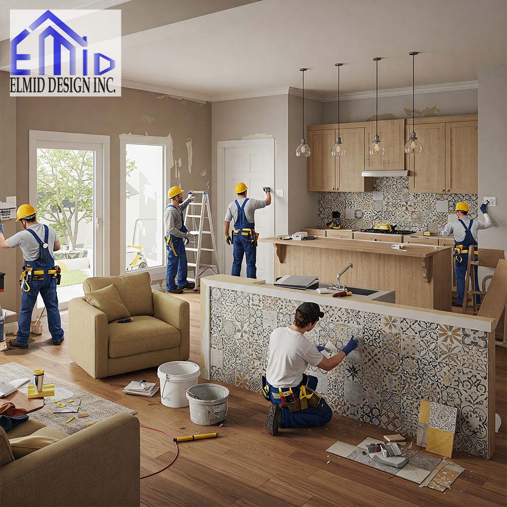 Team of contractors renovating a Toronto home interior with tile and wall work