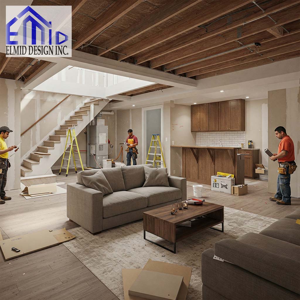 Ongoing home renovation in Toronto showing exposed ceiling and contractors
