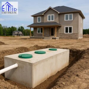 New concrete septic tank connected to two storey house under construction on large lot in Ontario