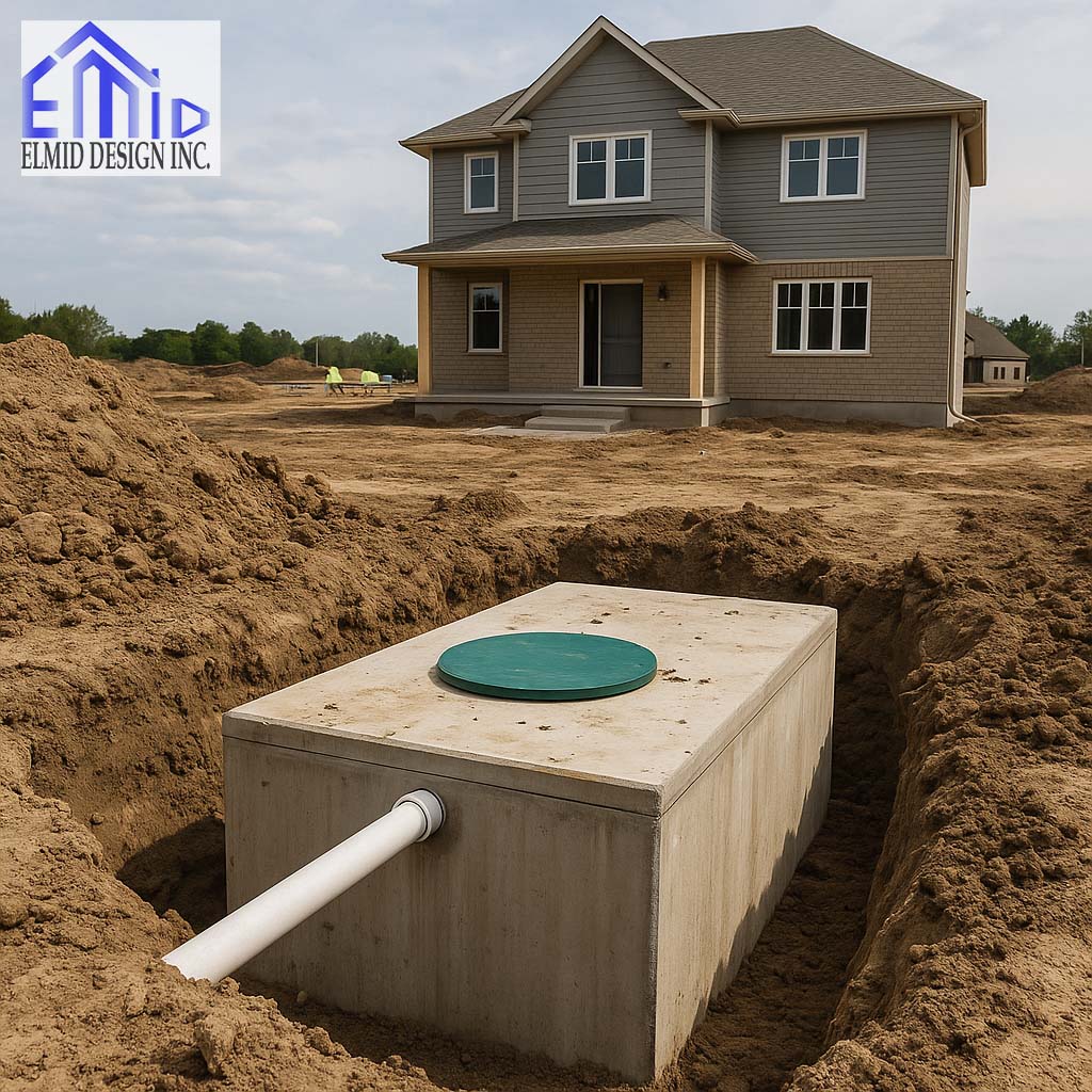 septic tank installation image showing pipe connected to two storey house under construction in Ontario