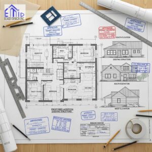 Detailed additions permit drawings with floor plans and elevations for Ontario home renovation approval.