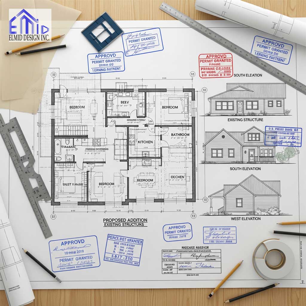 Detailed additions permit drawings with floor plans and elevations for Ontario home renovation approval.