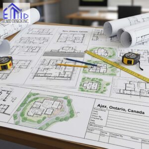 Detailed permit drawings and site plans for a building project in Ajax, Ontario with drafting tools on a table.