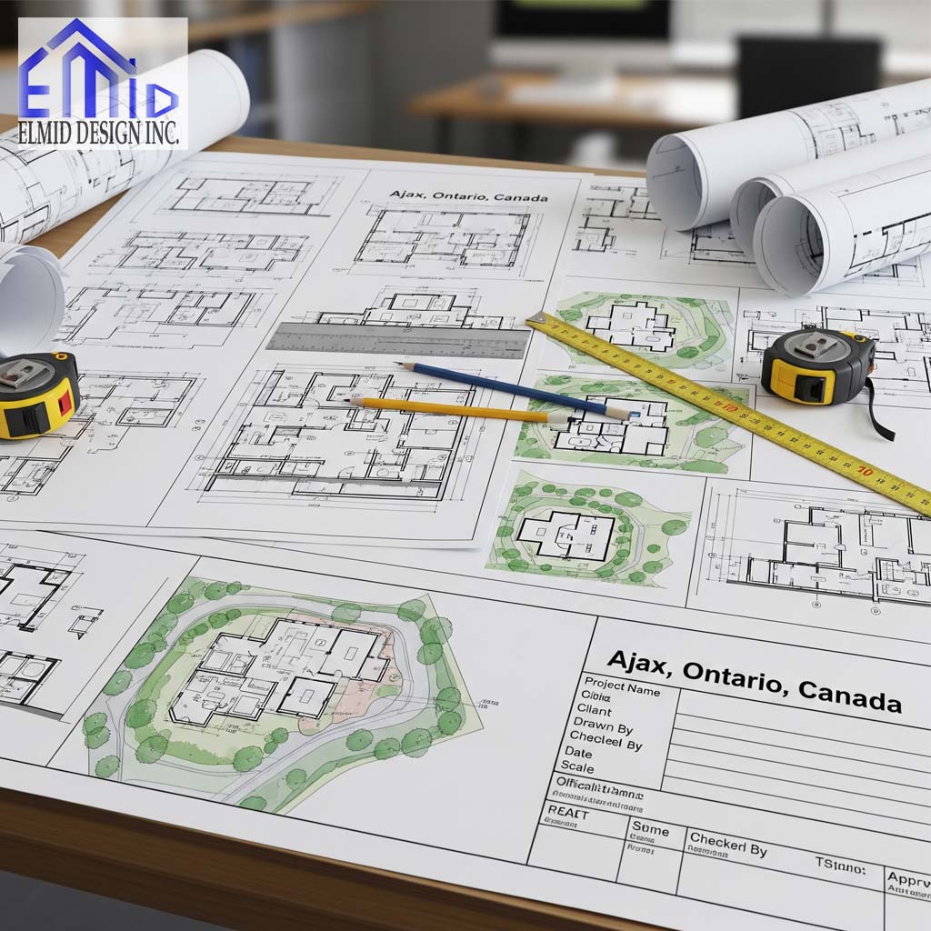 Detailed permit drawings and site plans for a building project in Ajax, Ontario with drafting tools on a table.