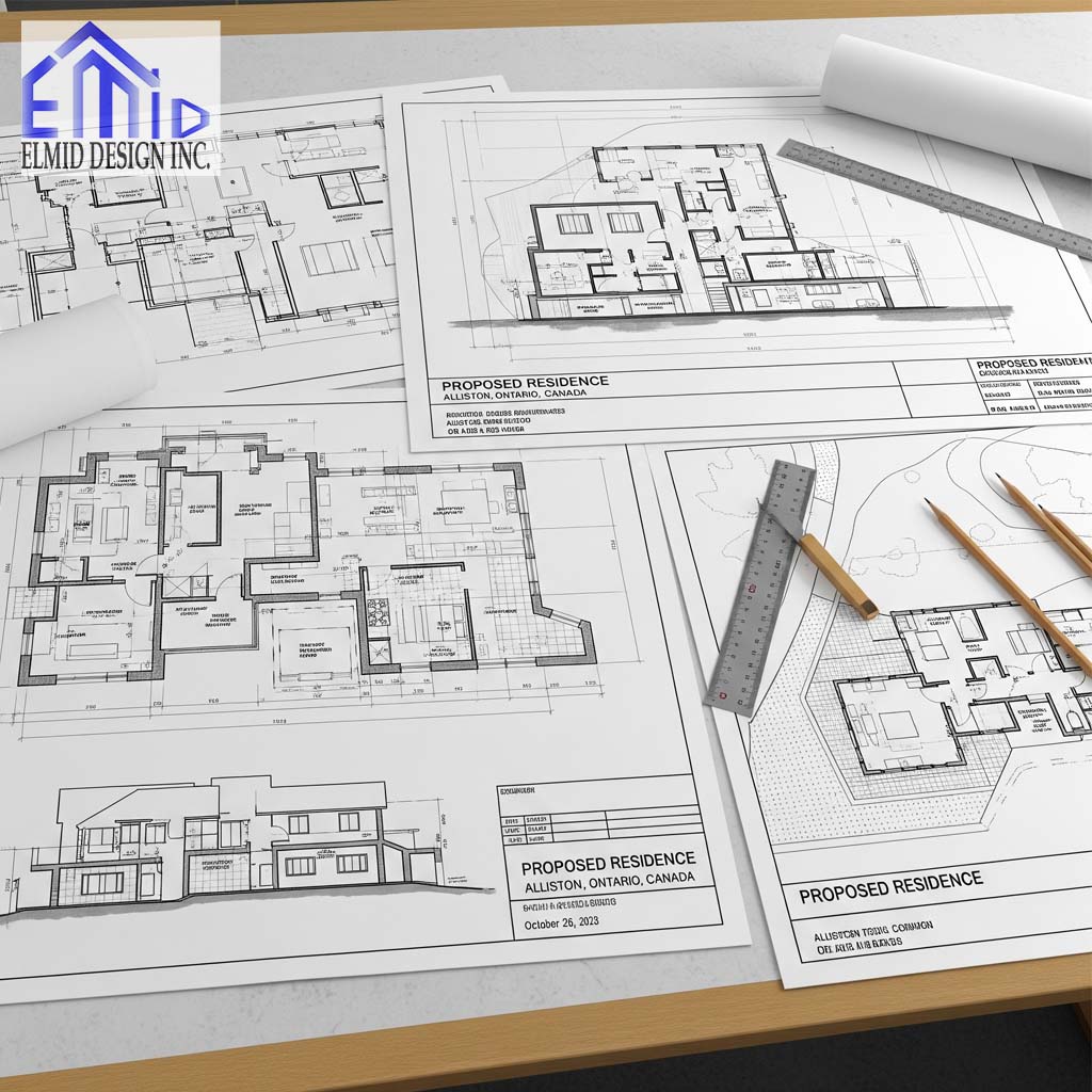 Site plan and architectural drawings for an Alliston building permit prepared by Elmid Design Inc, Ontario.