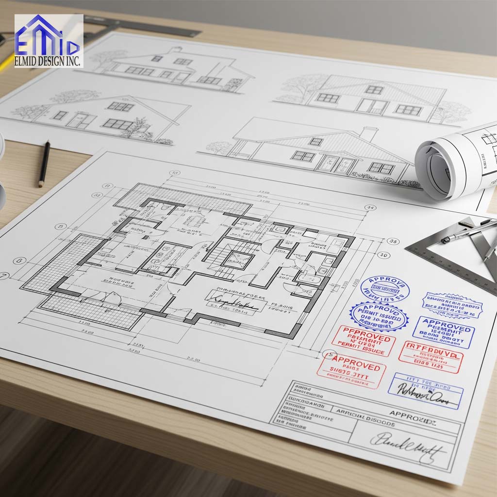 Approved additions permit drawings with detailed floor plans and elevations for Ontario home expansion projects.