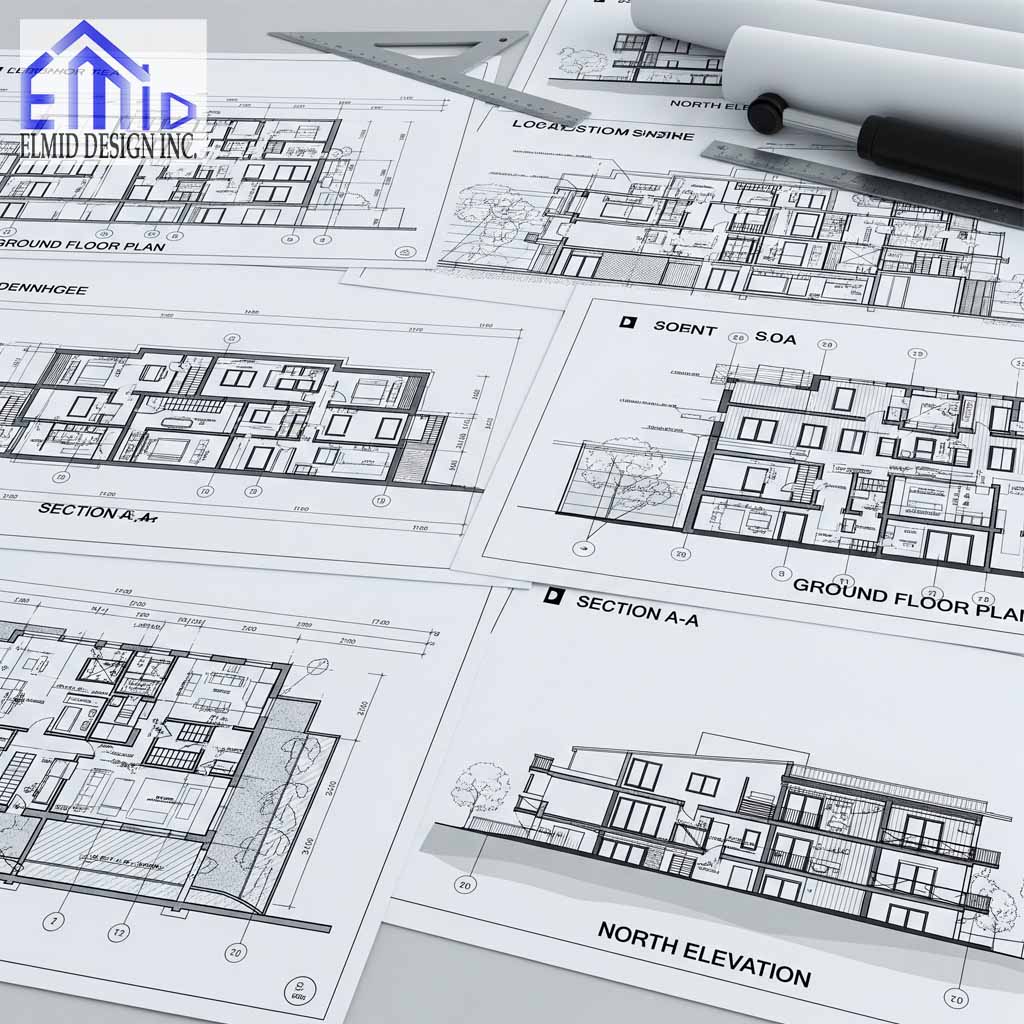 Residential building permit plans for Aurora projects including elevations and floor layouts.