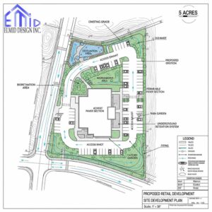 Proposed retail development site plan in Aurora with stormwater features including bioretention, rain gardens, and underground detention system