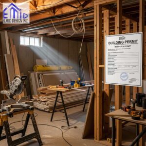 Basement renovation project in Toronto with visible building permit displayed on site.