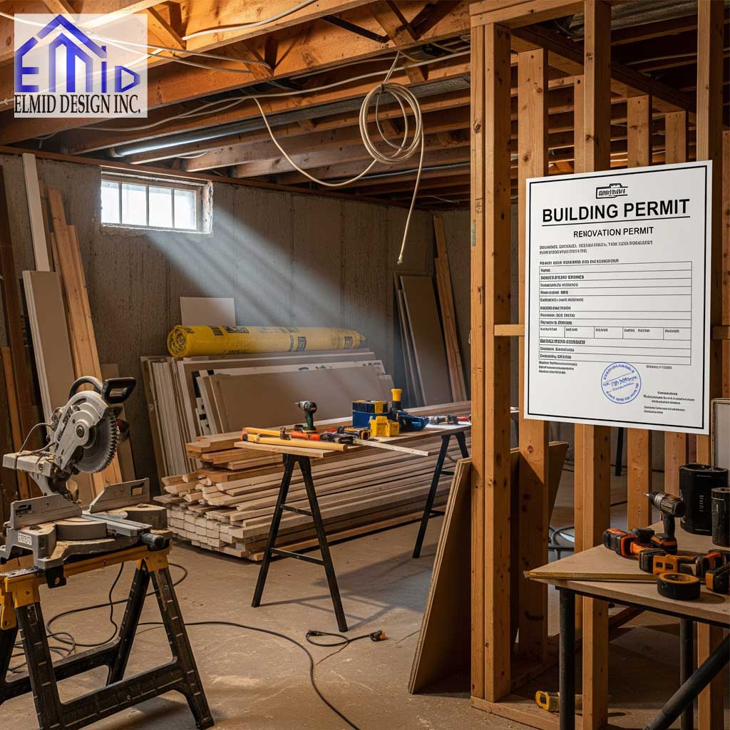 Basement renovation project in Toronto with visible building permit displayed on site.