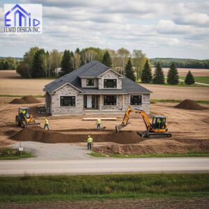 Excavation and grading work for a new residential home in Bolton Ontario showing drainage preparation and site contouring.