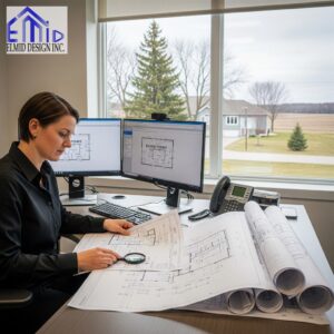 Municipal staff reviewing Adjala-Tosorontio building permit plans in office