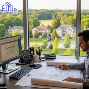 Engineer reviewing building permit plans for a New Tecumseth residential project at Elmid Design Inc office.