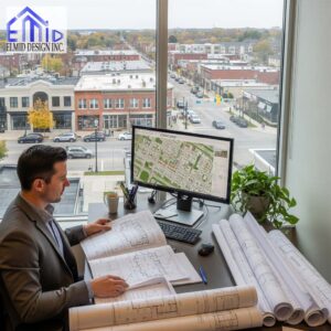 Engineer reviewing Concord permit drawings and site plans