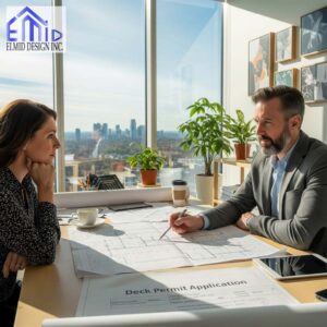 Homeowner consulting with engineer about deck permit application in Vaughan.