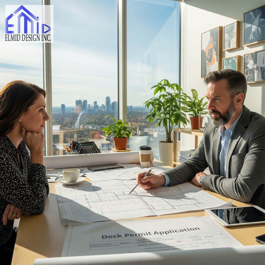 Homeowner consulting with engineer about deck permit application in Vaughan.