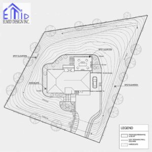 Detailed grading plan Fergus showing spot elevations, drainage flow, and retaining wall layout for a residential property.
