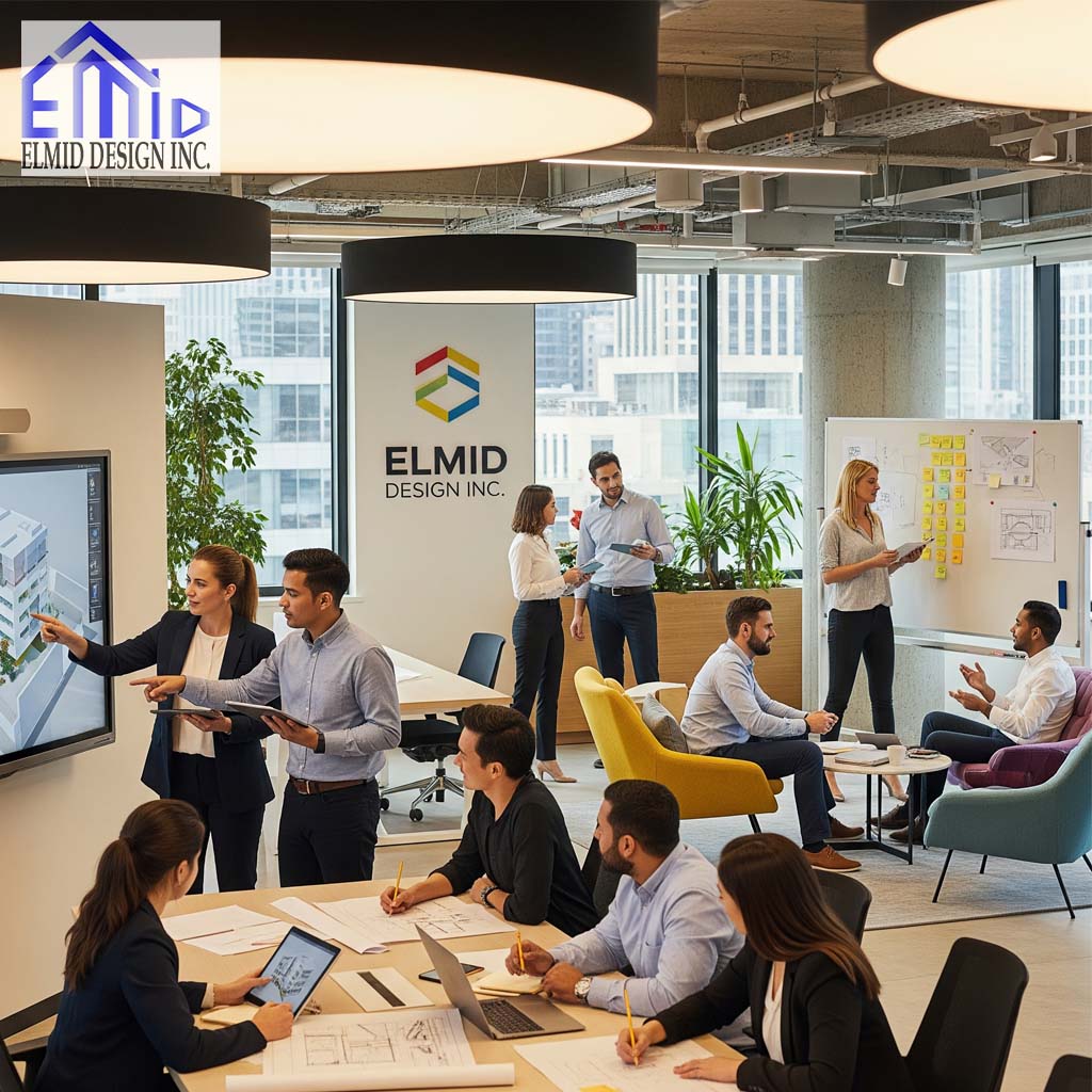 Elmid Design Inc engineering team collaborating on Toronto building permit projects in modern office