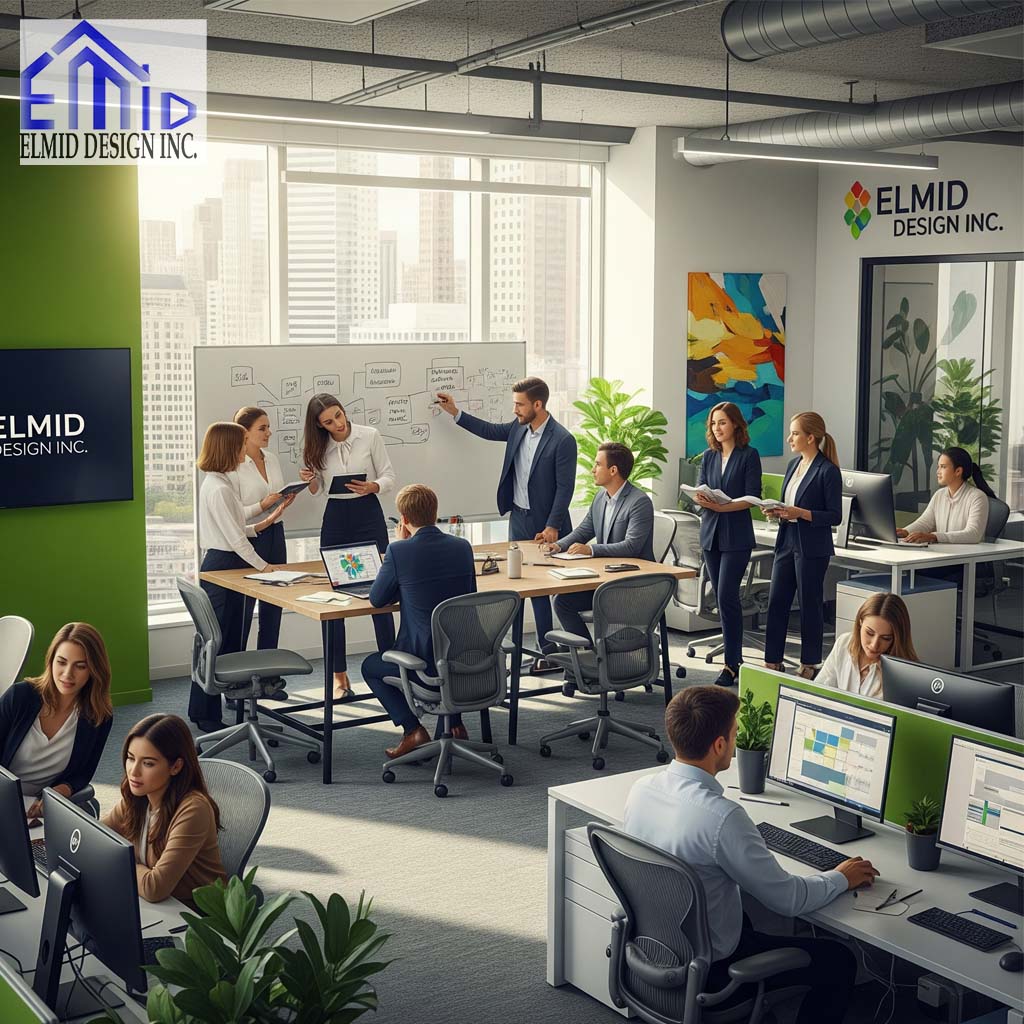 Elmid Design Inc engineering team collaborating in a modern Toronto office on TRCA permit projects.