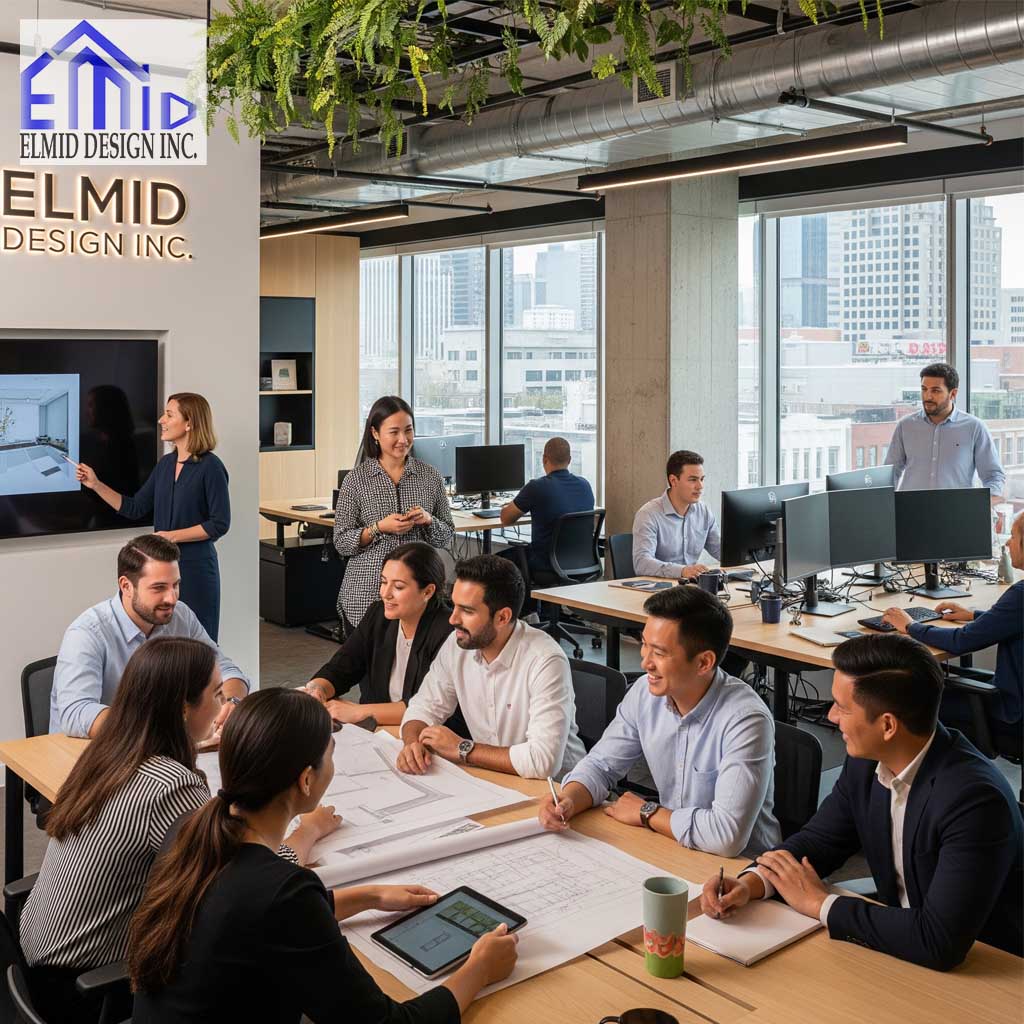 Elmid Design Inc. engineering team collaborating on septic design plans in modern Toronto office.