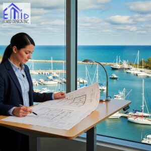 Engineer reviewing building permit plans for Whitby waterfront project at Elmid Design Inc office