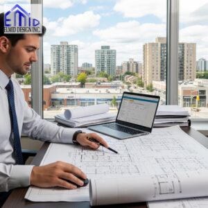 Engineer reviewing building permit drawings for a construction project in Etobicoke.