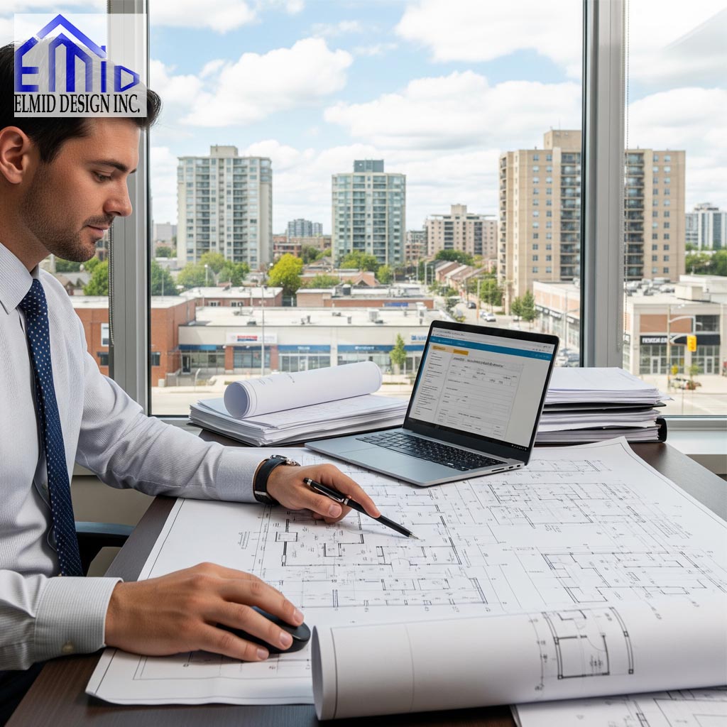 Engineer reviewing building permit drawings for a construction project in Etobicoke.